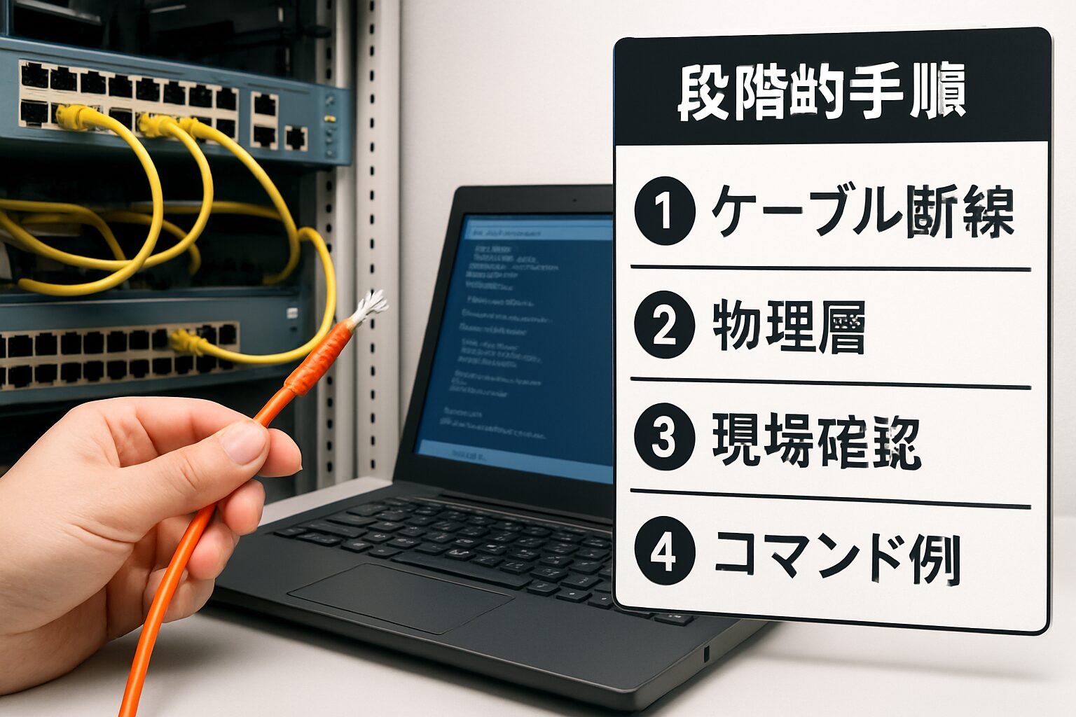 現場でケーブルを手に持ってチェックする技術者の写真