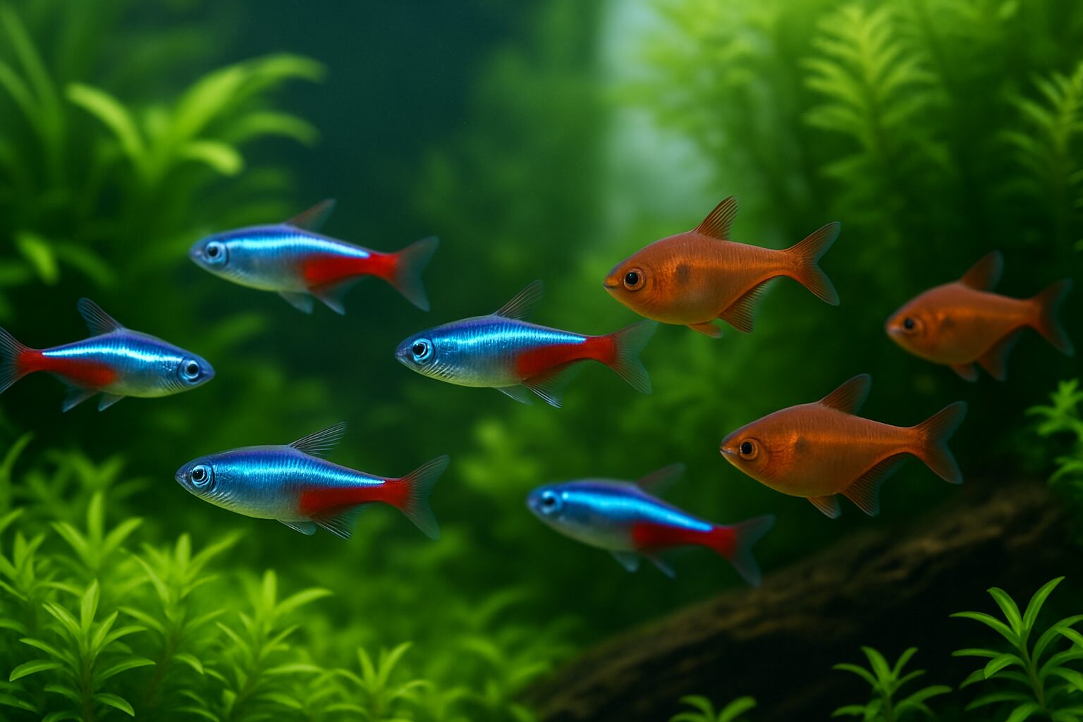 群泳する色鮮やかなカラシンたちが植栽水槽を泳ぐ様子