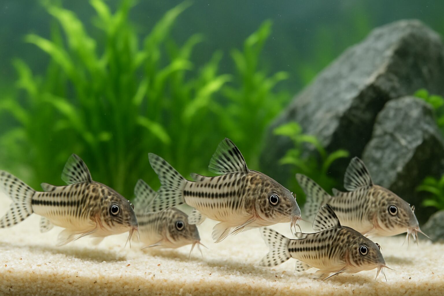 水槽の底砂で泳ぐコリドラスたち