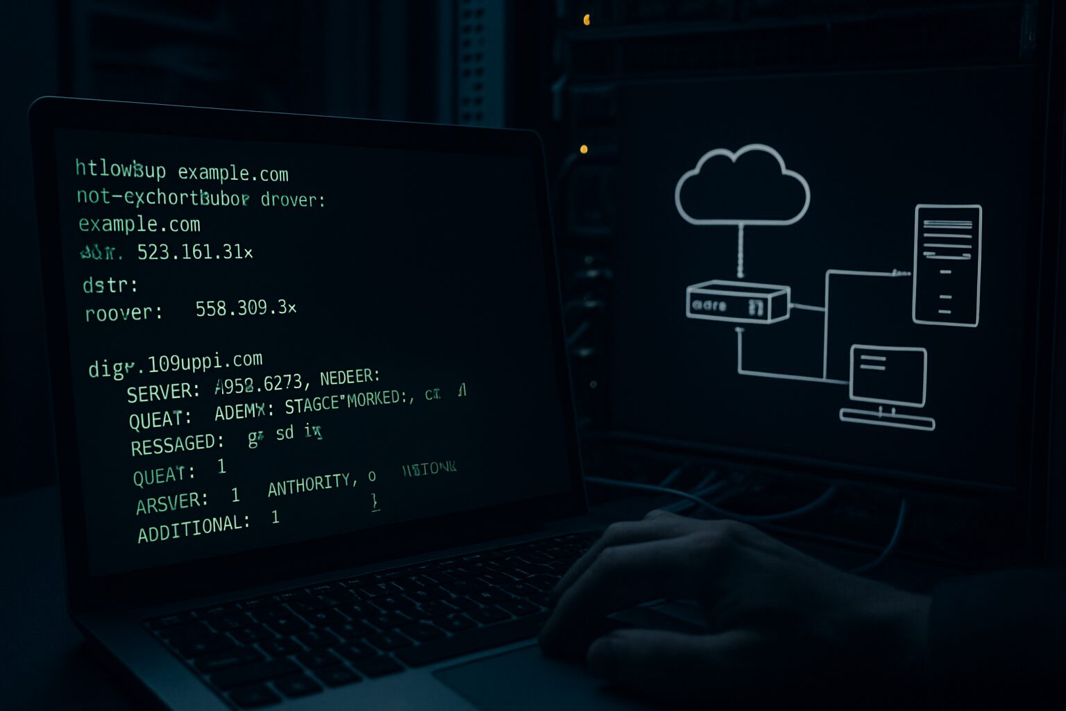 DNS名前解決のトラブルシューティングをコマンドで確認しているネットワークエンジニアのイメージ