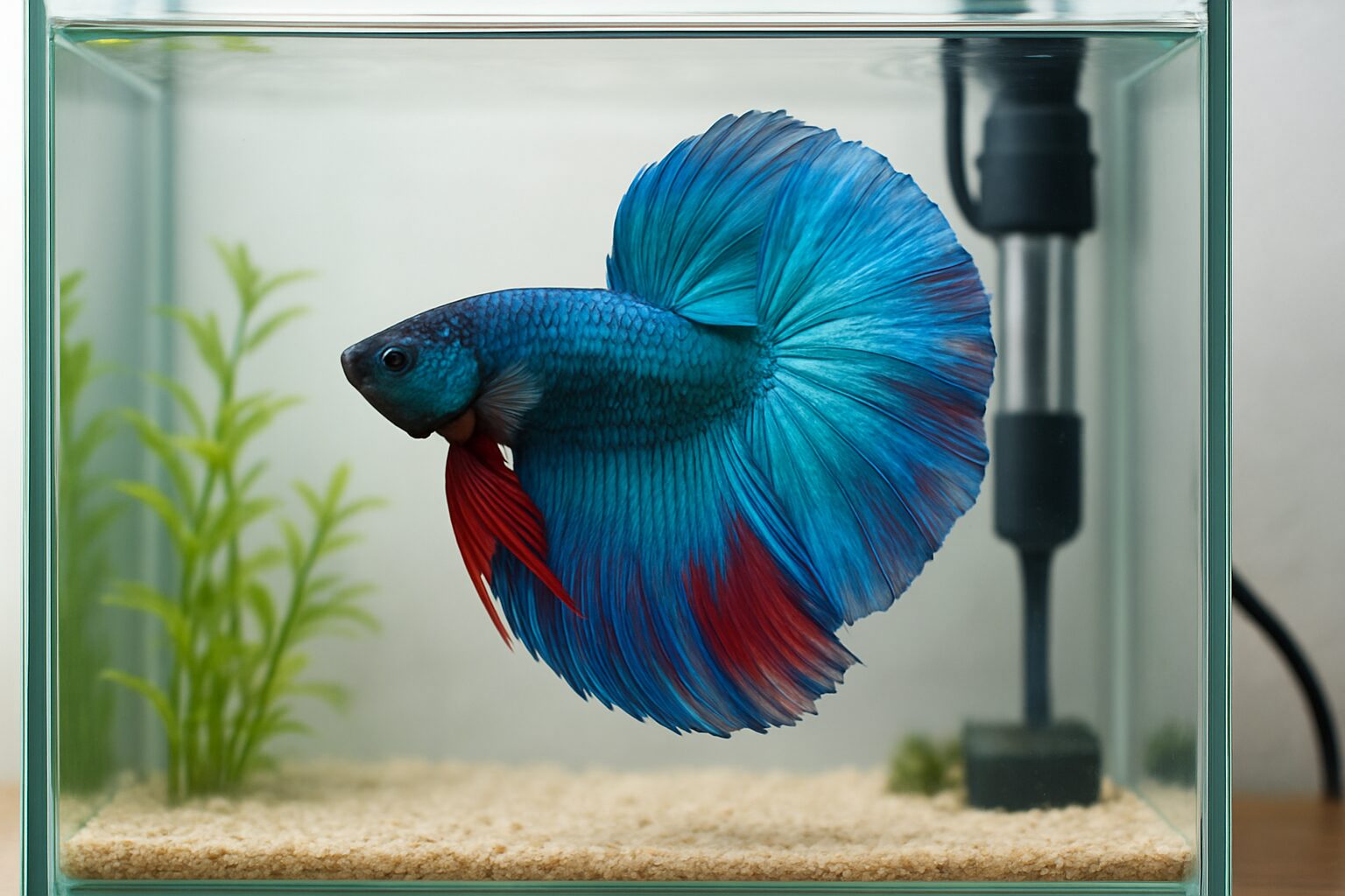 大きく半月状に広がるヒレを持つハーフムーンベタが小型水槽で優雅に泳ぐ様子