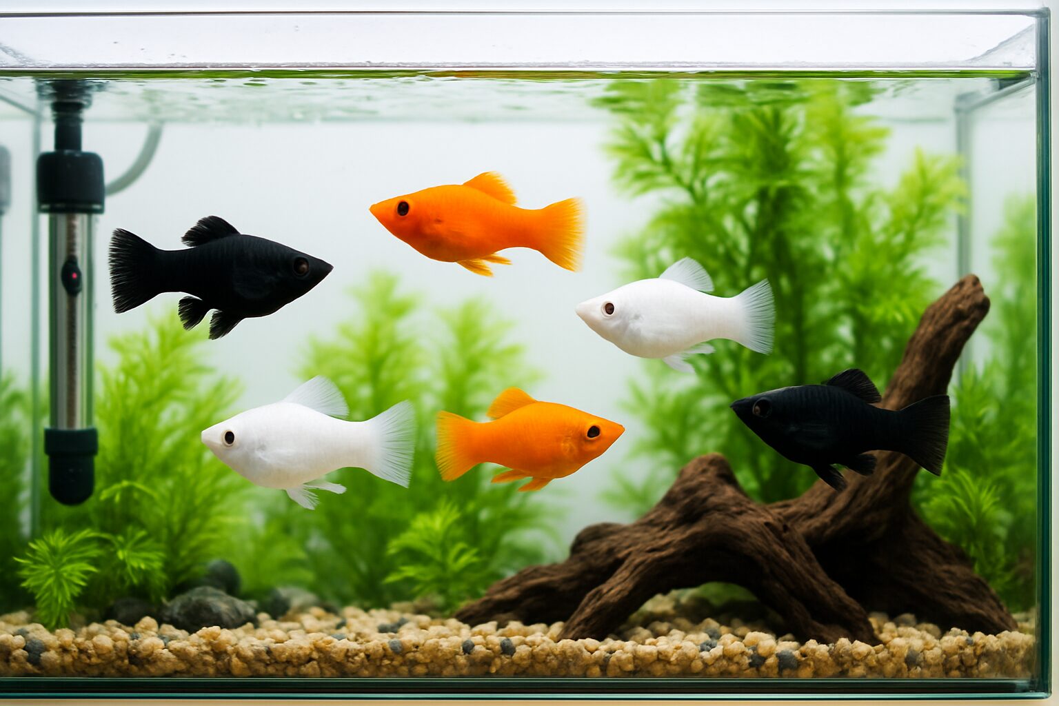 カラフルなモーリーが水草のある水槽内を泳いでいる様子