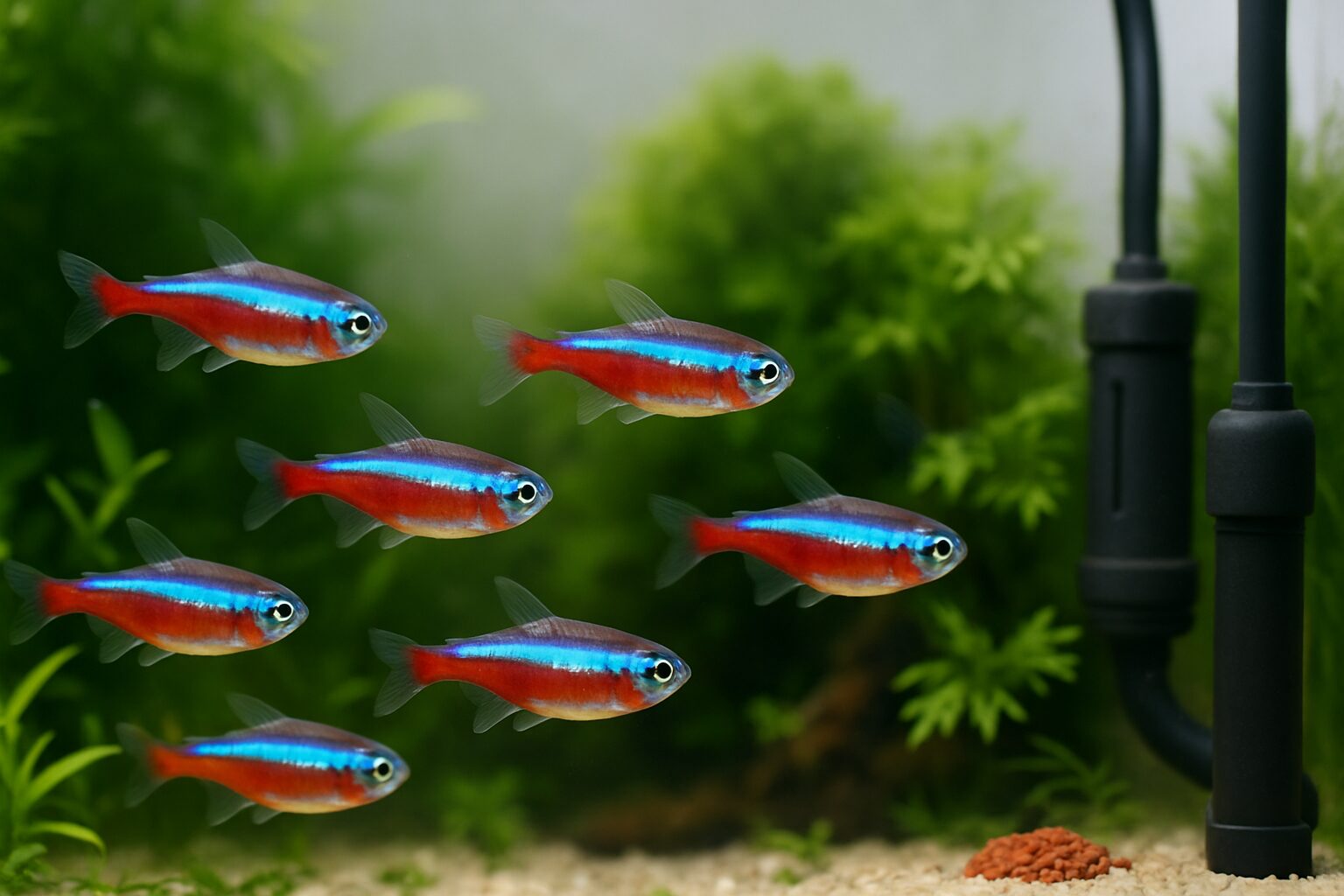 水草水槽を泳ぐ青と赤が美しいネオンテトラの群れ