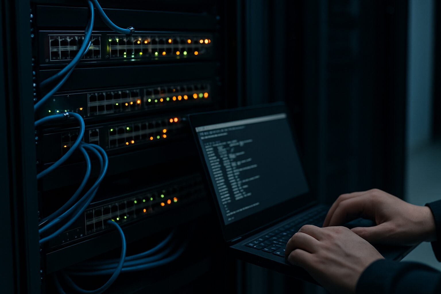 ネットワークポートのupdown繰り返し障害を確認するターミナル画面と配線パネル
