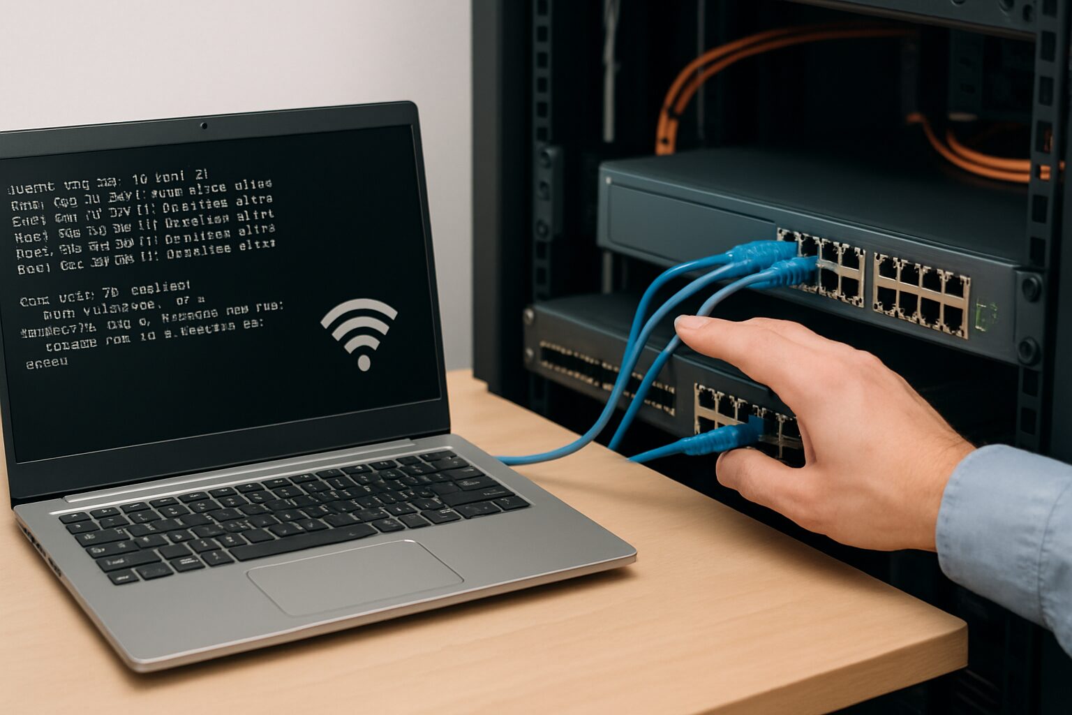 ネットワーク接続が遅い原因を端末とネットワーク機器の両方から確認しているイメージ