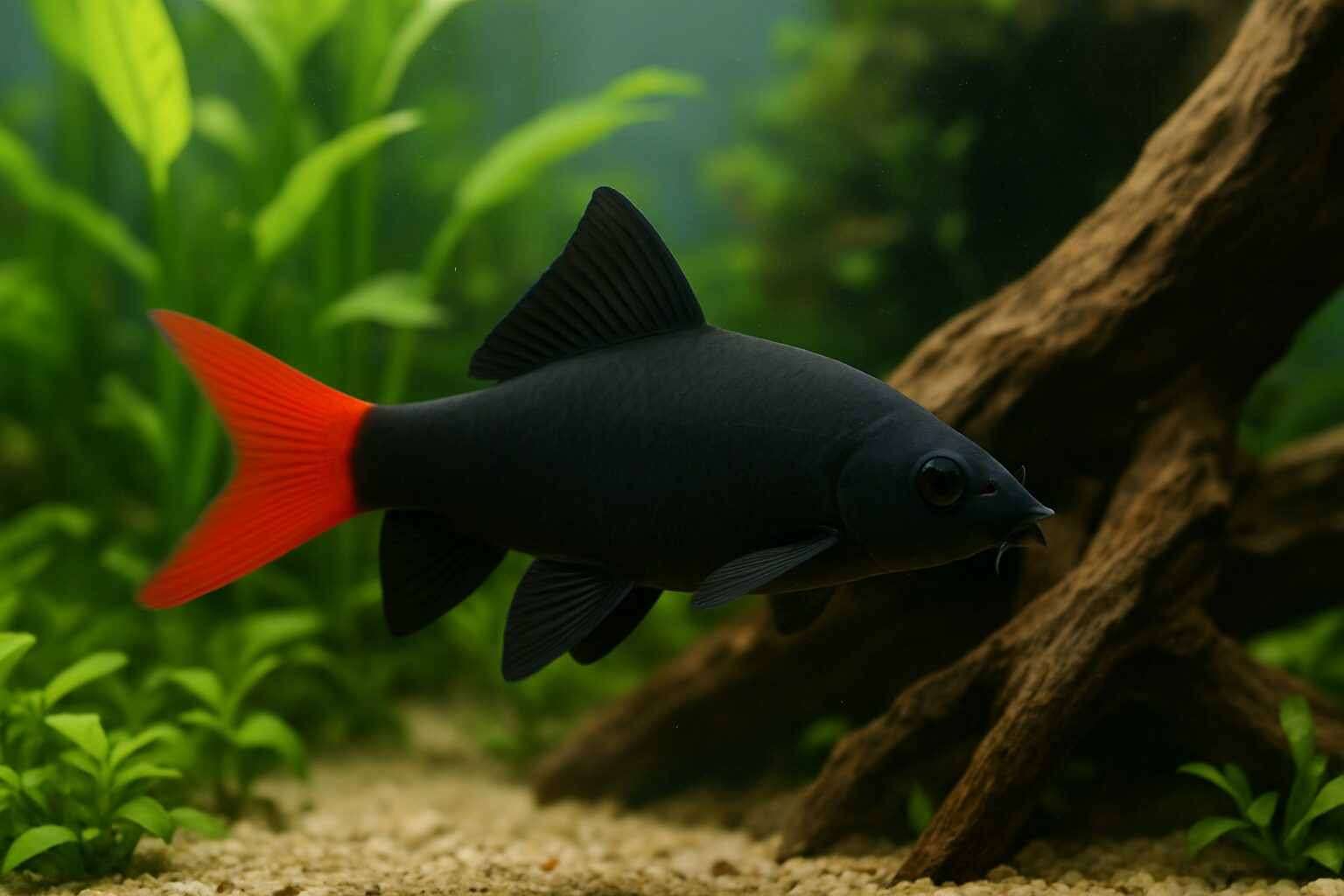 レッドテールブラックシャークが水槽内を泳ぐ様子