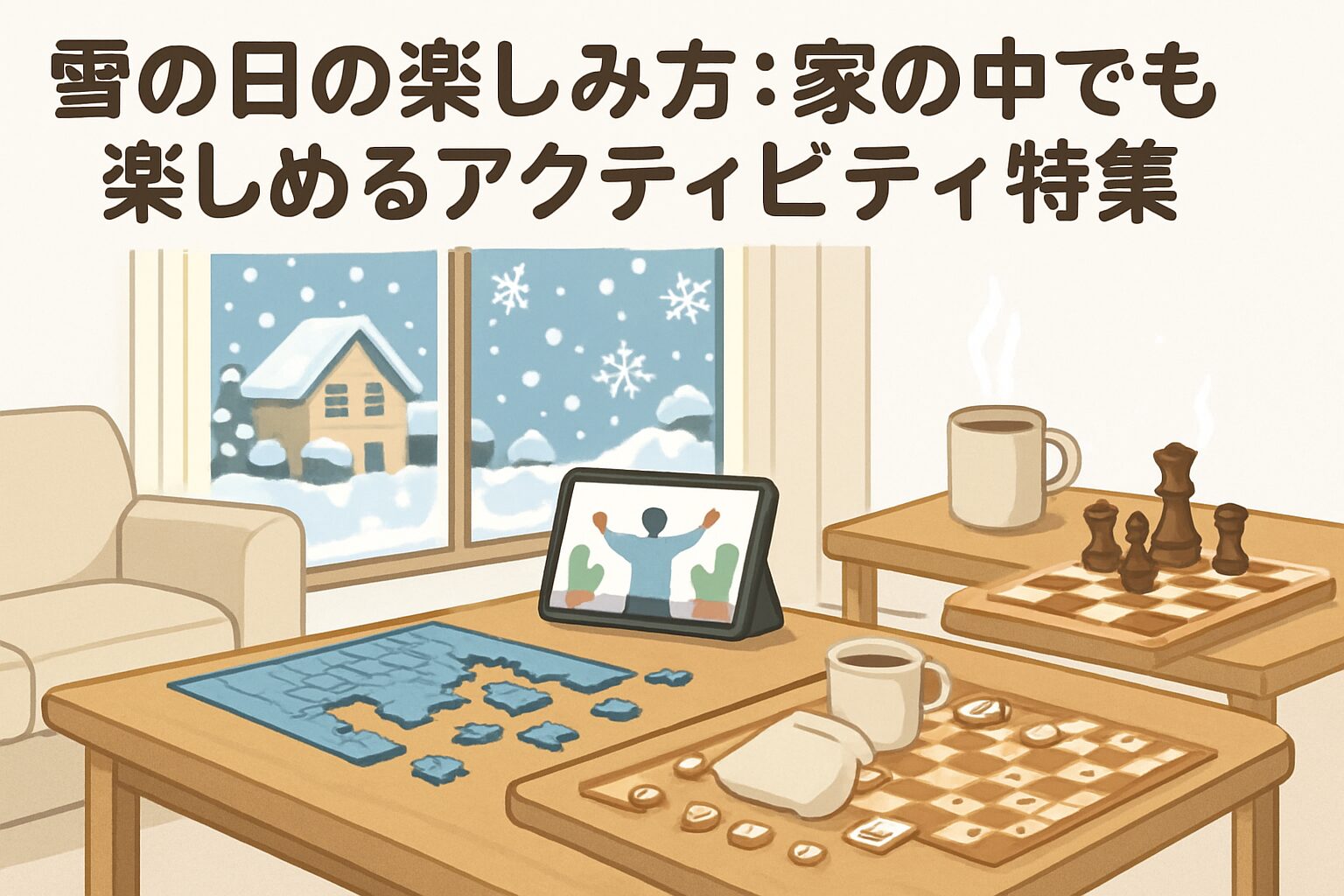 家族が家の中で雪の日を楽しむ様子
