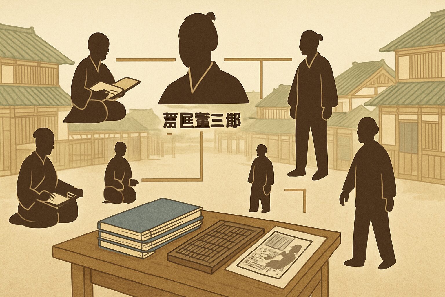 江戸の本屋と版元文化を背景に人物関係をイメージした和風ビジュアル