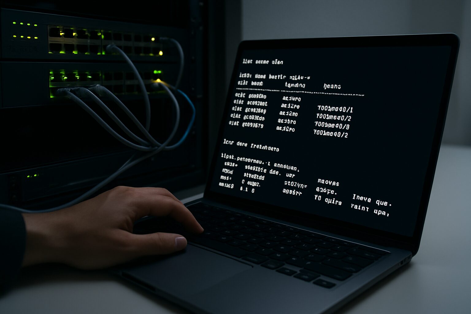 ネットワークスイッチの管理画面とVLAN設定コマンドを確認するエンジニアのイメージ