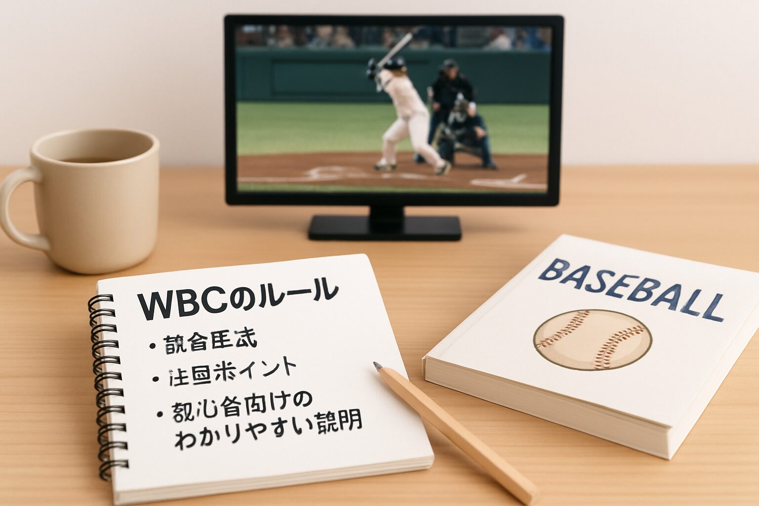 WBCの公式ロゴと野球ボールが映るスタジアムの風景