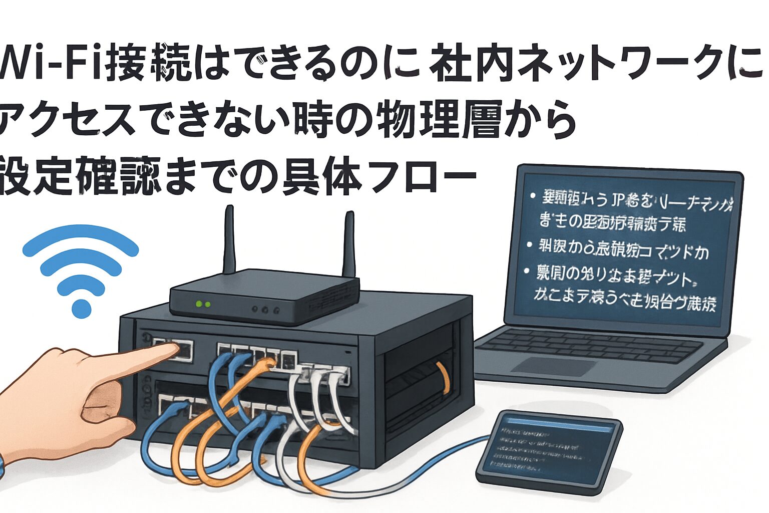 ネットワークトラブルでWi-Fi接続はできるが社内リソースにアクセスできない場所での作業イメージ