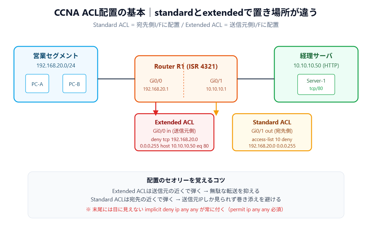 CCNA ACL配置の基本｜Standard ACLは宛先側I/F、Extended ACLは送信元側I/Fに置く構成図