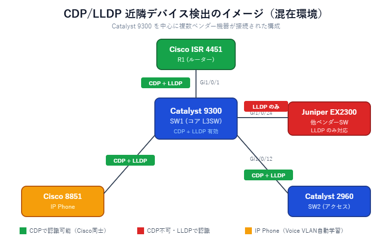 Cisco Catalyst 9300を中心としたCDP/LLDP混在ネットワーク構成図