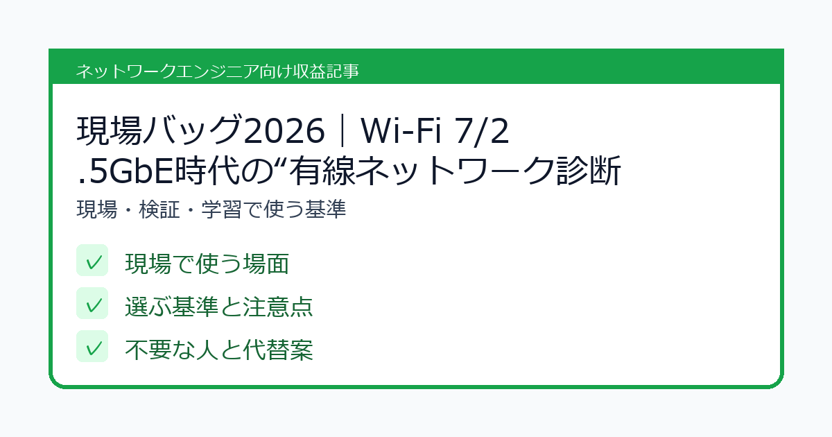 現場バッグ2026｜Wi‑Fi 7/2.5GbE時代の“有線ネットワーク診断キット”最小構成の選び方を整理したチェックリスト風アイキャッチ