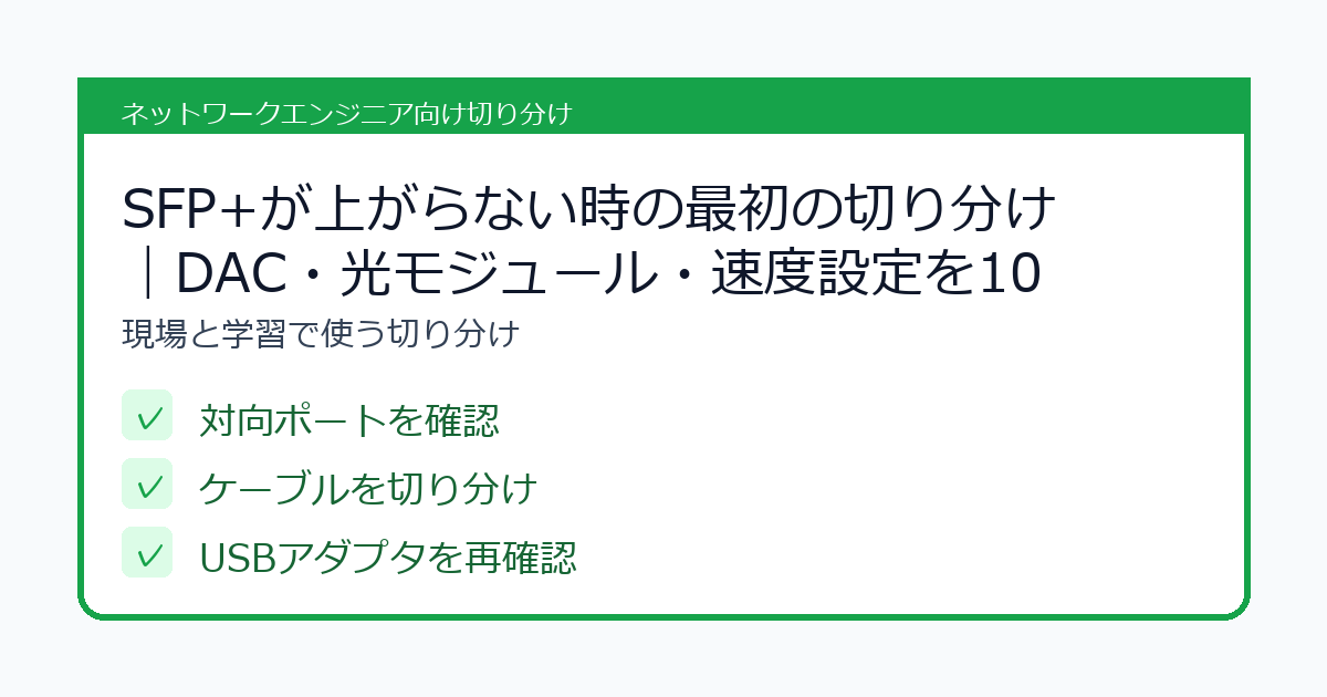 SFP+が上がらない時の最初の切り分け｜DAC・光モジュール・速度設定を10分で確認の選び方を整理したチェックリスト風アイキャッチ